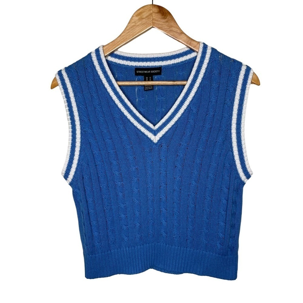 Streetwear Society Y2K Cable Knit Sweater Vest Blue White M